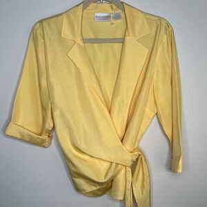 Worthington Women 12 Silk Blend Blouse Wrap Tie Yellow V Neck Collar 3/4 Sleeve
